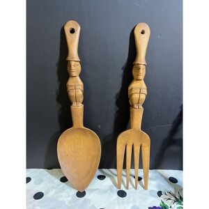 Wood Salad Fork & Spoon‎ Mid Century Tribal Hand Carved Decor 12" (2055)